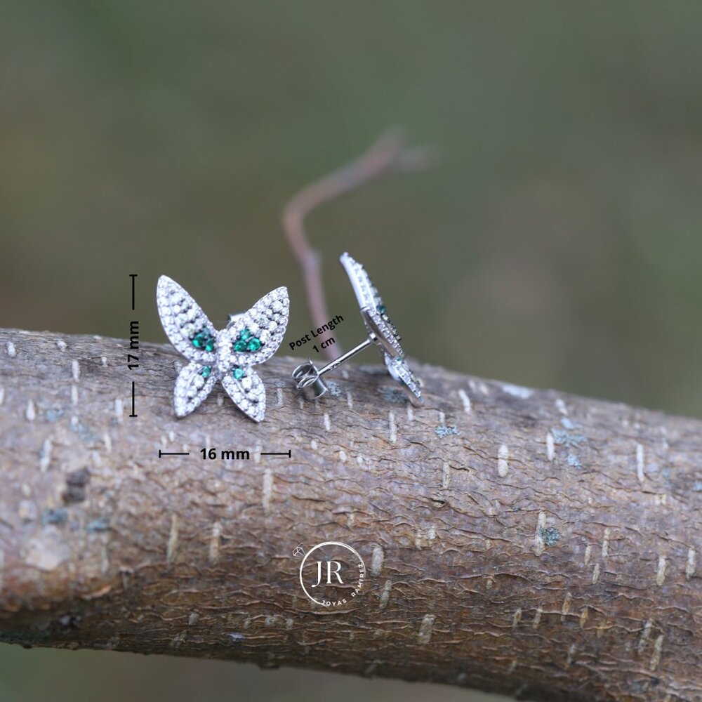 925 Sterling Silver Butterfly Earrings • Emerald & Clear CZ • Luxe Wing Design. - Picture 5 of 5